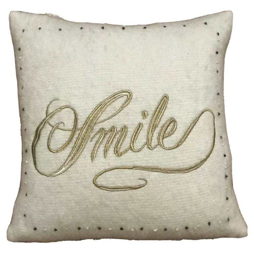 Anthropologie Anthro Pillow Cover 20x20 Cream Gold Green Merry Sentiments SMILE
